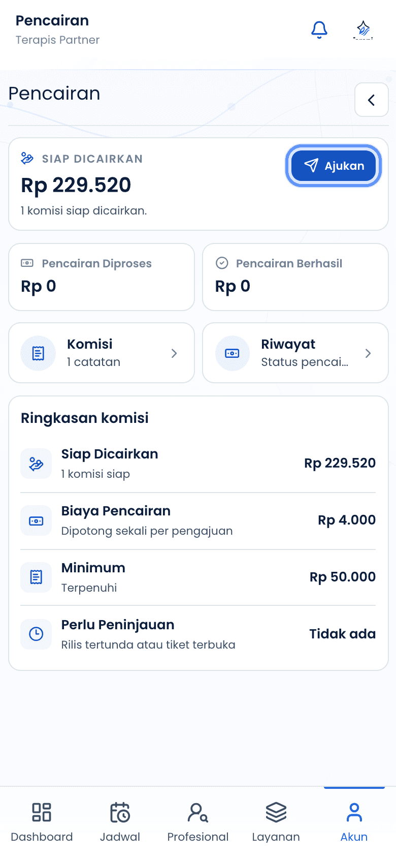 Tombol cairkan pada halaman keuangan partner