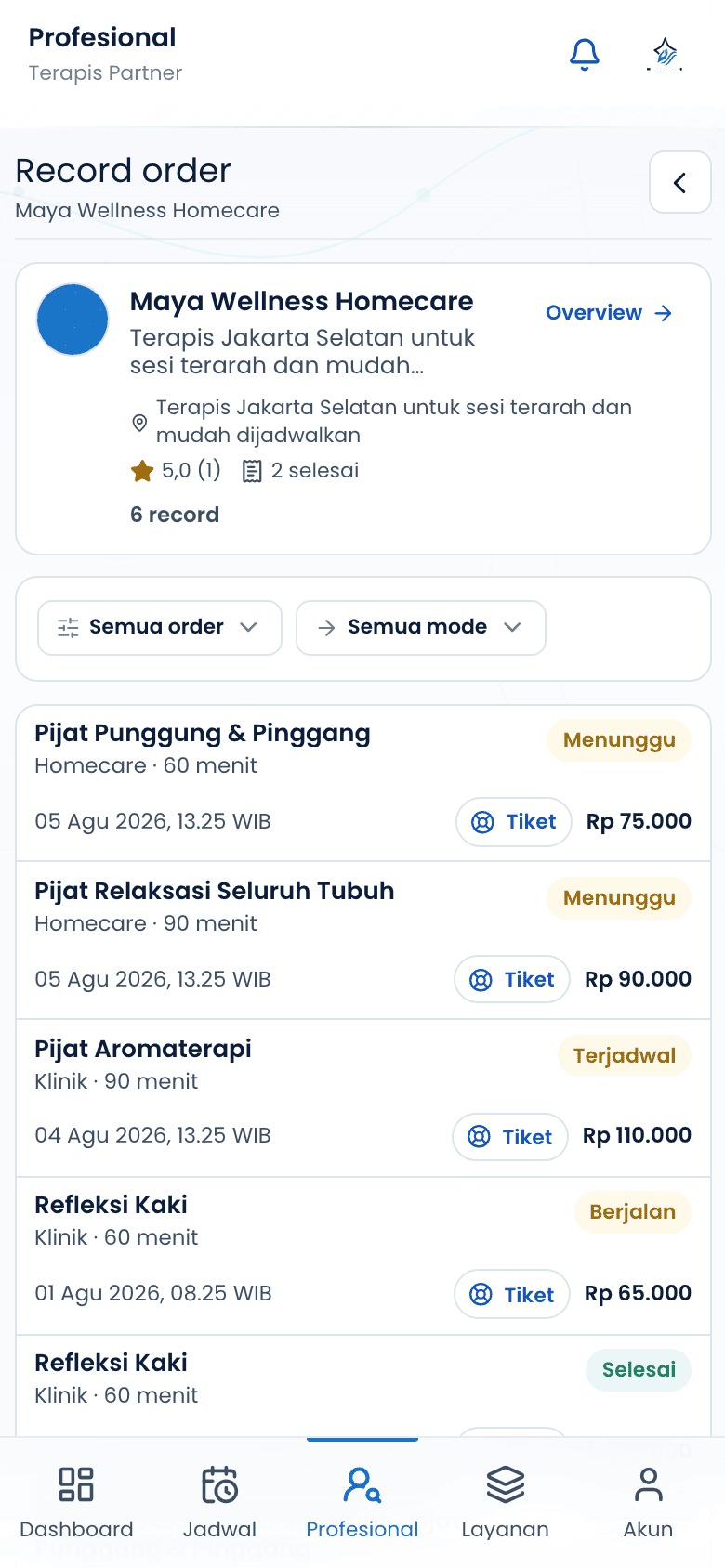 Daftar pesanan talent dengan filter status