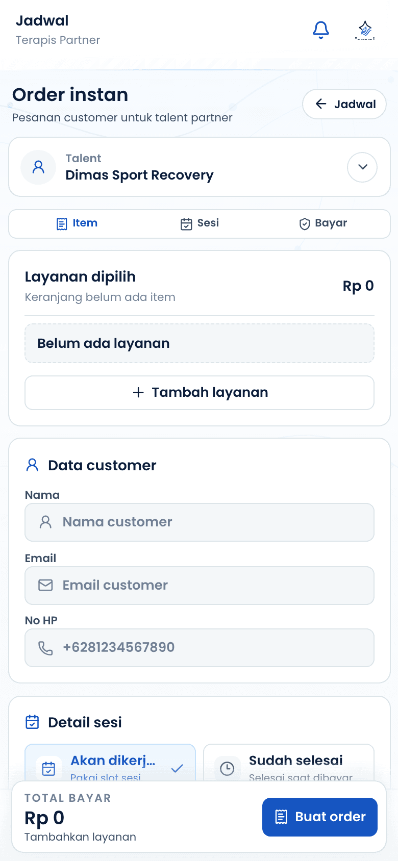 Formulir pesanan instan untuk talent