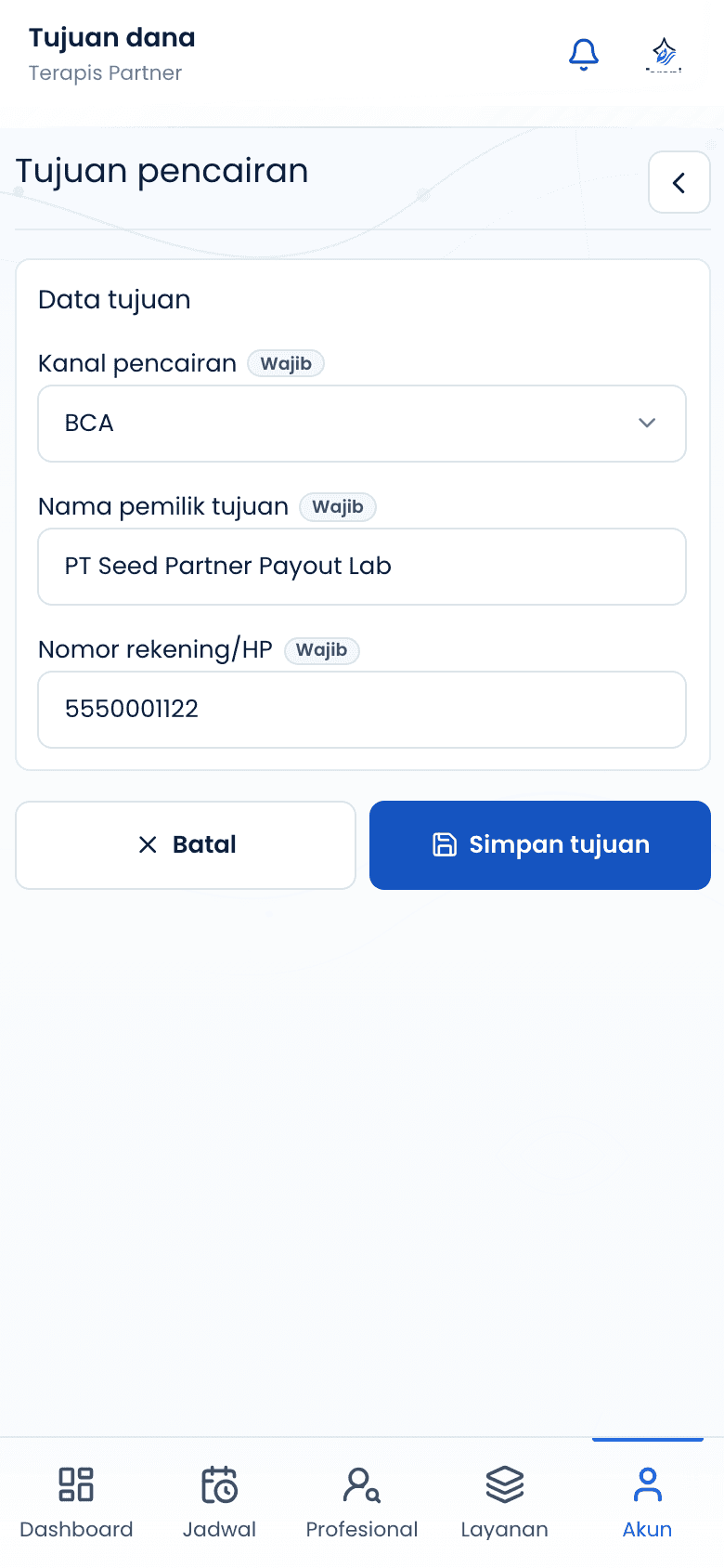 Halaman rekening pencairan partner